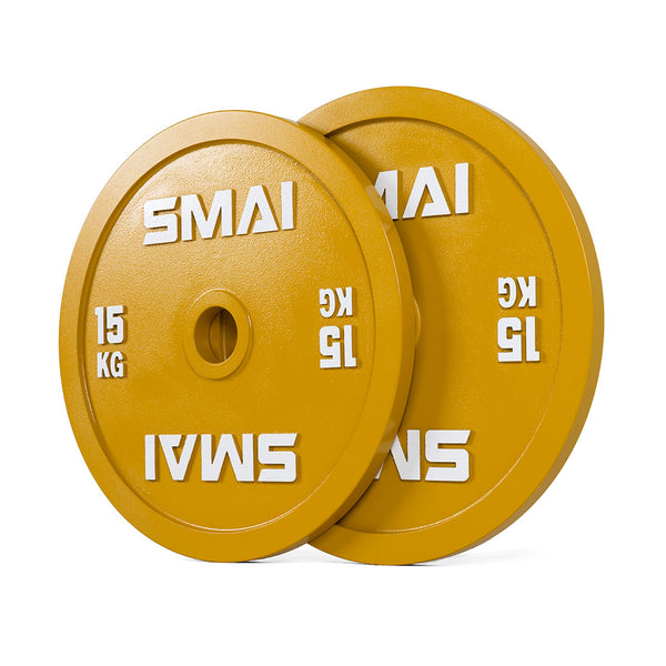 A pair of yellow SMAI Calibrated Weight Plates, 15kg each, with "SMAI" and "15 KG" in white—one upright, one leaning—perfect powerlifting plates for serious training.