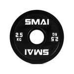 SMAI Calibrated Weight Plates - 2.5kg (Pair), black round cast iron with "SMAI" and "2.5 KG" in white text, feature a large central hole for easy barbell placement; shown on a white background.