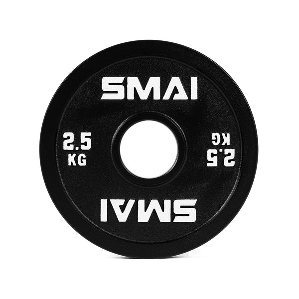 SMAI Calibrated Weight Plates - 2.5kg (Pair), black round cast iron with "SMAI" and "2.5 KG" in white text, feature a large central hole for easy barbell placement; shown on a white background.