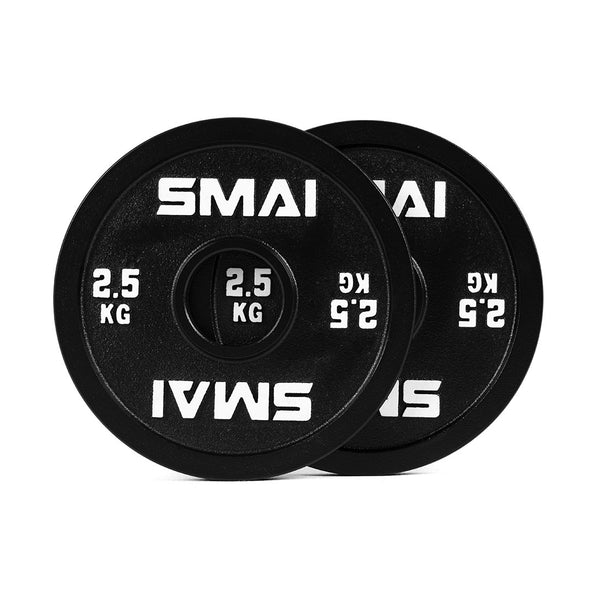 A pair of SMAI Calibrated Weight Plates - 2.5kg, featuring black precision cast iron with "SMAI" and "2.5 KG" in white on each plate; the plates are shown overlapping, one mostly in front.