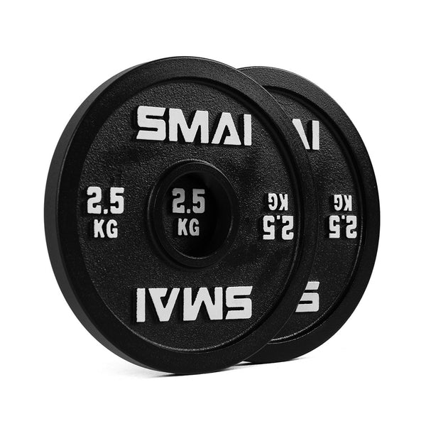 A pair of SMAI Calibrated Weight Plates - 2.5kg is shown standing upright and slightly overlapping, each black plate featuring “SMAI” and “2.5 KG” in white text against a white background.