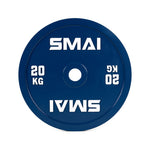 The SMAI Calibrated Weight Plates - 20kg (Pair) are blue plates featuring white "SMAI" branding and "20 KG" text, designed for barbells and perfect for any powerlifting plate collection.