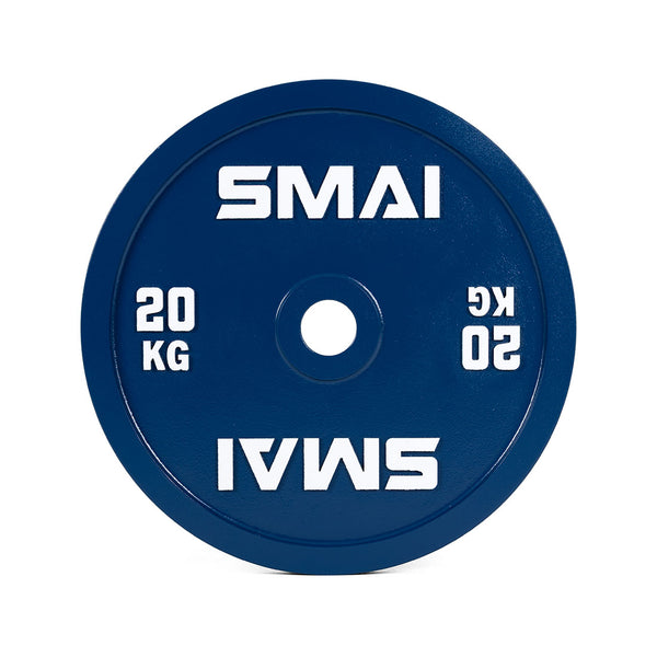 The SMAI Calibrated Weight Plates - 20kg (Pair) are blue plates featuring white "SMAI" branding and "20 KG" text, designed for barbells and perfect for any powerlifting plate collection.