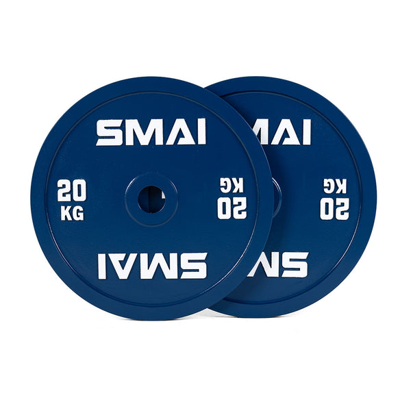 Two SMAI Calibrated Weight Plates - 20kg (Pair) are shown upright and partially overlapping, each featuring bold white branding and weight markings.