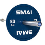 A close-up of SMAI Calibrated Weight Plates - 20kg (Pair) in blue, with the brand name printed in white, mounted on a silver barbell against a white background.