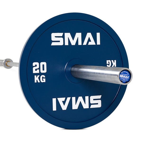 A close-up of SMAI Calibrated Weight Plates - 20kg (Pair) in blue, with the brand name printed in white, mounted on a silver barbell against a white background.