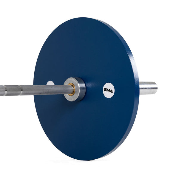 A close-up of a barbell with a large, solid blue SMAI Calibrated Weight Plate - 20kg (Pair) on a white background.
