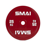 The SMAI Calibrated Weight Plates - 25kg (Pair) are red plates featuring "SMAI" and weight markings on both sides, with a central hole for barbells—perfect for any powerlifting collection.