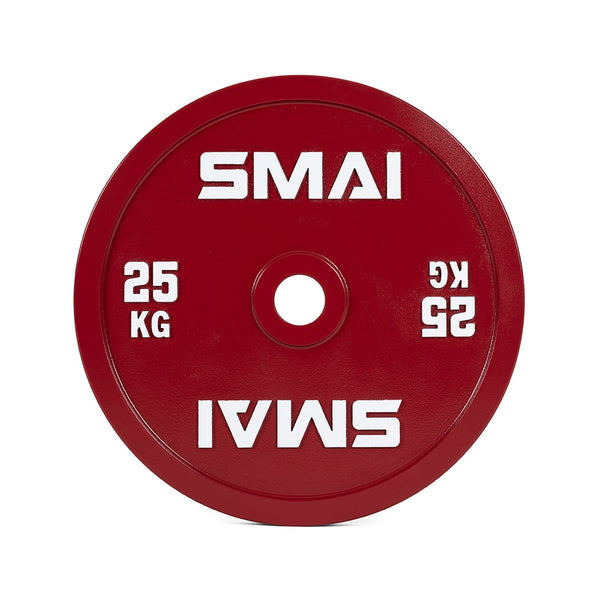 The SMAI Calibrated Weight Plates - 25kg (Pair) are red plates featuring "SMAI" and weight markings on both sides, with a central hole for barbells—perfect for any powerlifting collection.