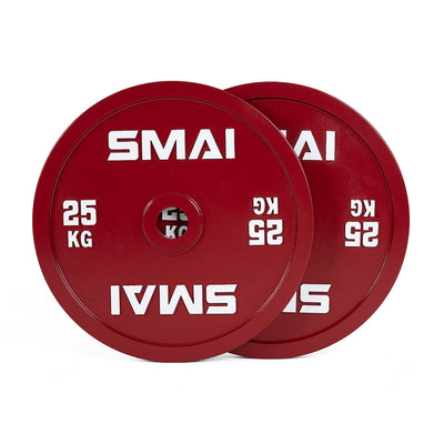 A pair of SMAI Calibrated Weight Plates, each 25kg, are shown overlapping on a white background. The red plates feature "SMAI" and "25 KG" in white text.