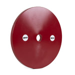 The SMAI Calibrated Weight Plates - 25kg (Pair) are solid, round, red plates featuring a central hole and two small white SMAI logos, shown standing upright against a white background.