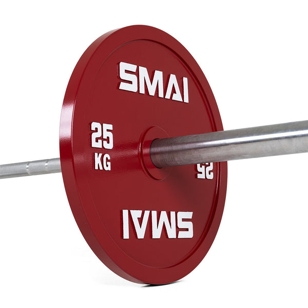 A close-up of SMAI Calibrated Weight Plates - 25kg (Pair) in red, shown on a silver barbell against a white background.
