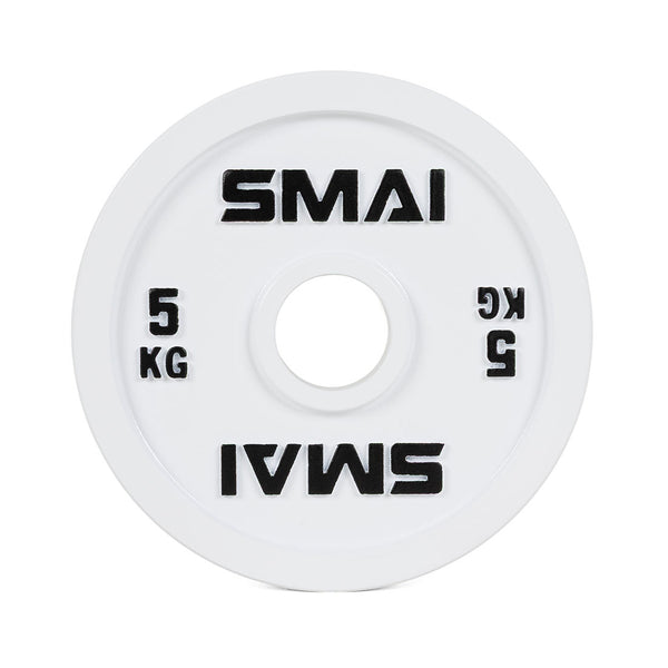 The SMAI Calibrated Weight Plates - 5kg (Pair) are white cast iron plates featuring a large center hole, "5 KG" in black text on both sides, and "SMAI" branding at the top and bottom—perfect for precision training.