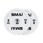 A pair of SMAI Calibrated Weight Plates - 5kg, featuring white cast iron with "SMAI 5 KG" in black text, are stacked together with one plate slightly in front.