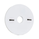 The SMAI Calibrated Weight Plates - 5kg (Pair) are round, white plates with a large center hole and two black "SMAI" logos—ideal for accurate powerlifting training.