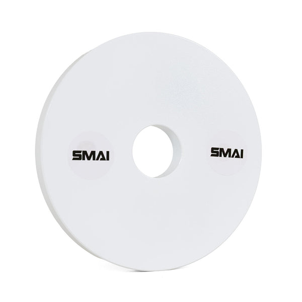 The SMAI Calibrated Weight Plates - 5kg (Pair) are round, white plates with a large center hole and two black "SMAI" logos—ideal for accurate powerlifting training.