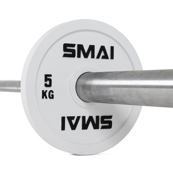 Close-up of a silver barbell with a white 5kg Calibrated Weight Plate by SMAI, featuring the logo in both orientations. The SMAI Calibrated Weight Plate is securely fixed, perfect for precise lifting sessions.