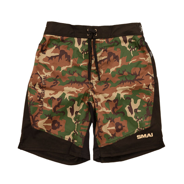The SMAI Shorts - Cross Training Camo feature a camouflage pattern, black lycra panels, gusset for comfort, drawstring waistband, and "SMAI" branding on the left leg.