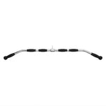 The SMAI Chrome Lat Pull Down Bar with Rubber Grip features a wide, chrome-plated design with angled ends and knurled rubber grips, ideal for cable machines to enhance your back workout during strength training.