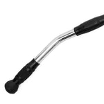 A close-up of the SMAI Chrome Lat Pull down Bar with black rubber grips and a slight center bend, ideal as a cable attachment for improving your back workouts in the gym.