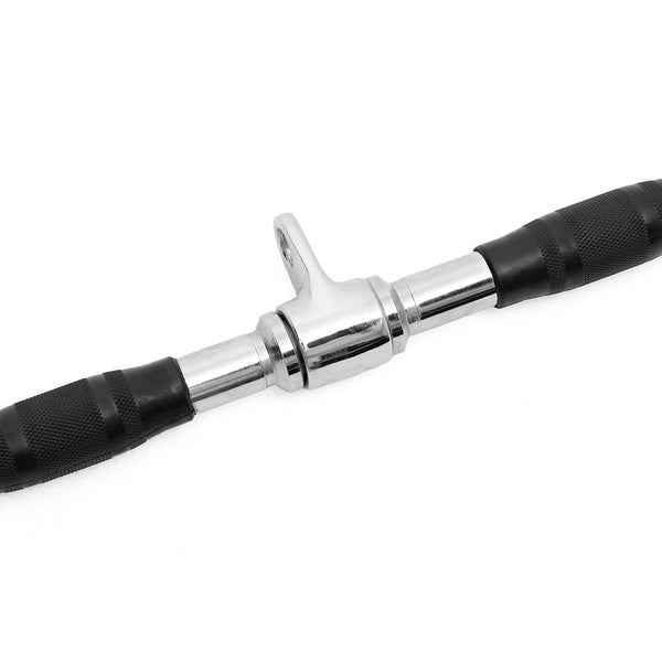 A close-up of the SMAI Chrome Lat Pull down Bar with Rubber Grip shows its central eyelet for gym equipment and black knurled grips—perfect for boosting your back workout.