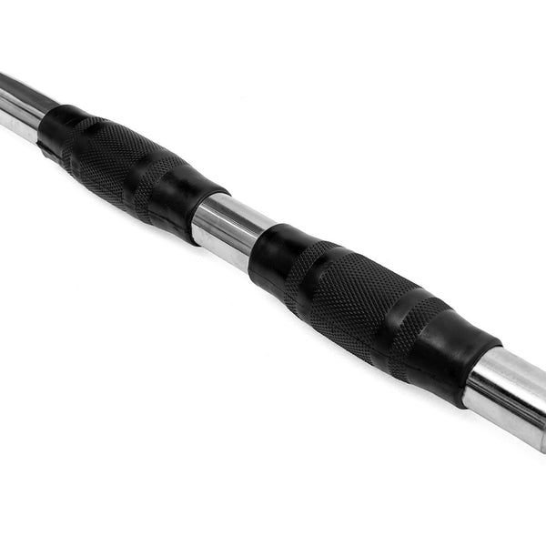 A close-up of the SMAI Chrome Lat Pull down Bar with Rubber Grip, showcasing its black rubber knurled grips on a metal bar, ideal for back workouts, set against a white background.