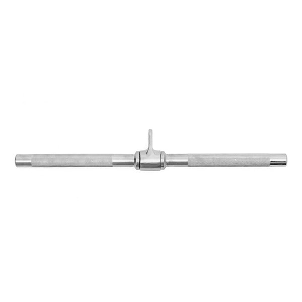 The SMAI Chrome Straight Bar Handle Attachment for Cable Machine features textured grips, a central hinge, and a sleek chrome finish, ideal for use as a rowing handle on functional trainers or cable machines in gyms.