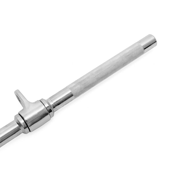 A close-up of the SMAI Chrome Straight Bar Handle Attachment for Cable Machines, featuring a textured grip and chrome finish with a collar clamp, set against a white background—ideal for strength training.