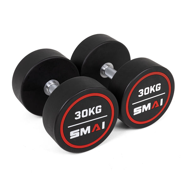 A pair of SMAI Commercial Round CPU Dumbbells, each labeled "30KG" on the ends, are displayed on a white background—ideal for any gym equipment collection.