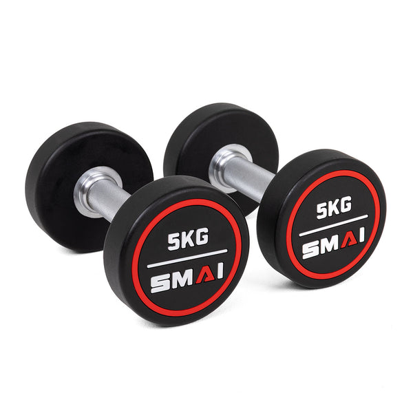 A pair of SMAI Commercial Round CPU Dumbbells (Pair), black and silver polyurethane with "5KG" labels and red/white accents, ideal for commercial gyms, displayed on a white background.