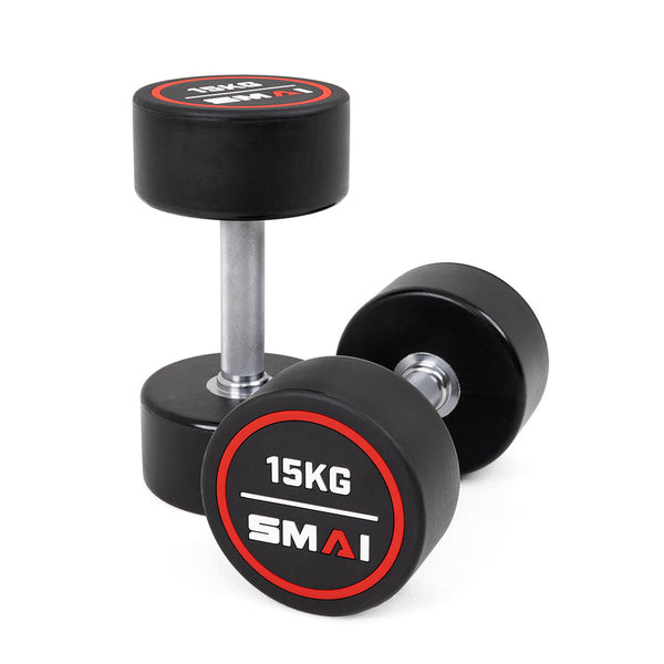The SMAI Commercial Round Dumbbells (Pair) are shown in black with silver handles, labeled "15KG" and "SMAI" in a red and white design—perfect for any home gym or commercial space.