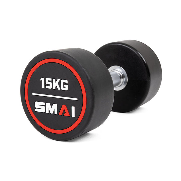 A pair of SMAI Commercial Round Dumbbells, each rubber-coated in black with red and white "15KG" markings and the brand name on the ends, lies angled on a white background—perfect for home gyms or fitness spaces.