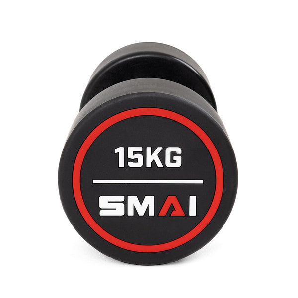 The SMAI Commercial Round Dumbbells (Pair) are black with red and white accents, feature "15KG" and "SMAI" on the end, and are perfect for home gyms or commercial use.