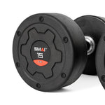 A close-up of SMAI Commercial Round Dumbbells (Pair), black with "SMAI 15 KG" on the end, rugged circular design and metallic handle—ideal for any home gym setup.