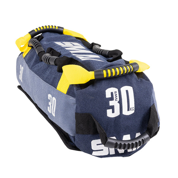 The SMAI Sand Bags - Hybrid Range feature blue and gray aramid fibre, yellow and black handles, "30 KG" and "SMAI" in white text—ideal gym equipment for strength and endurance training.