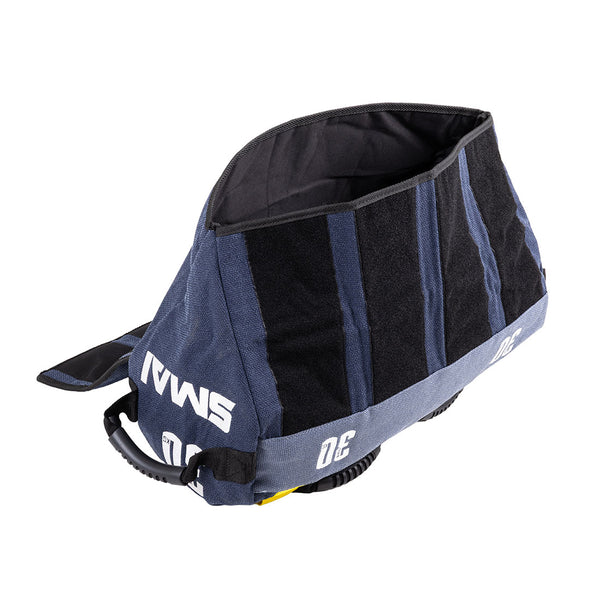 The SMAI Sand Bags - Hybrid Range feature a blue and black fabric cover with “30” and “SMALL” printed on it, designed to fit over a diving air cylinder—perfect for divers focused on strength and endurance training.