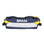 The SMAI Sand Bags - Hybrid Range feature a blue and white design with black handles, yellow straps, and "SMAI" plus "10" on the side—perfect for strength and endurance training in the gym.