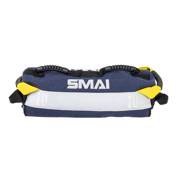 The SMAI Sand Bags - Hybrid Range feature a blue and white design with black handles, yellow straps, and "SMAI" plus "10" on the side—perfect for strength and endurance training in the gym.