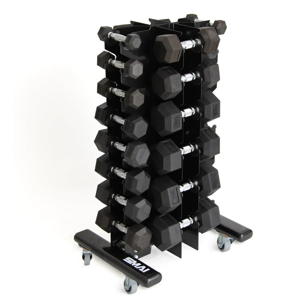 The SMAI Classic Rubber Hex Dumbbell Set 1-10kg (Pair) comes neatly organized by weight on a black vertical storage rack with wheels, set against a white background.