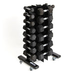 The SMAI Classic Rubber Hex Dumbbell Set 1-10kg (Pair) comes neatly organized by weight on a black vertical storage rack with wheels, set against a white background.