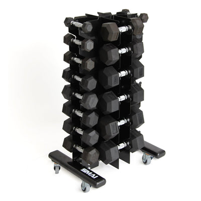 The SMAI Classic Rubber Hex Dumbbell Set 1-10kg (Pair) comes neatly organized by weight on a black vertical storage rack with wheels, set against a white background.