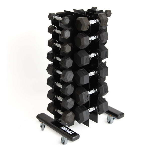 The SMAI Classic Rubber Hex Dumbbell Set 1-10kg (Pair) comes neatly organized by weight on a black vertical storage rack with wheels, set against a white background.