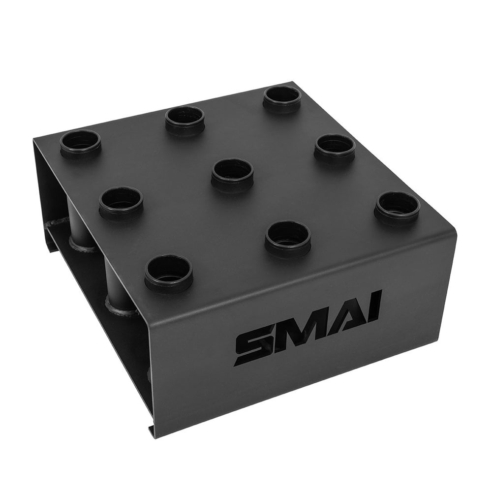 The SMAI Barbell Storage - 9 Freestanding is a black metal rack with "SMAI" cut out on the side and nine circular holders on top—ideal for organizing Olympic barbells or gym weights.