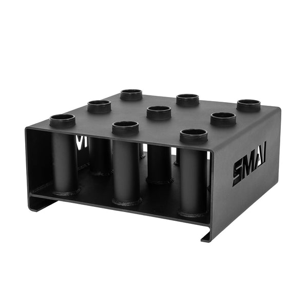 The SMAI Barbell Storage - 9 Freestanding is a black metal rack with nine vertical bar holders and open sides, featuring the "SMAI" cutout. It's ideal for organizing fitness equipment or as an Olympic barbell storage solution.
