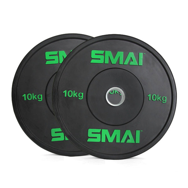 Two black bumper plates from the 165kg HD Bumper Plate Set by Sale Item, each marked with "SMAI" and "10 kg" in green text, are stacked with their round sides showing. Constructed from high-quality rubber, they feature a metallic inner ring for secure barbell attachment, ideal for Olympic lifting.