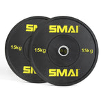 Two black HD Bumper Plates from the "Sale Item" brand, each marked with "15kg" in yellow lettering, are stacked together. Ideal for your home lifting setup, these plates include a 15kg barbell and feature a central hole for effortless barbell loading.