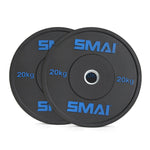 Two HD Bumper Plates from Sale Item’s 5-pair 20kg set are stacked against each other, highlighting their black circular shape with "SMAI" and "20kg" printed in blue. The plates feature central holes for barbell attachment and are crafted from high-grade rubber to ensure commercial-grade durability and superior performance.