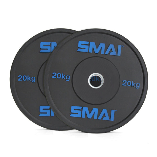 Stacked slightly offset against a white background are two black weightlifting plates from the Sale Item brand, each crafted from high-quality rubber. These HD Bumper Plates, labeled "SMAI" in blue and "20 kg" in white, are perfect for Olympic lifting, offering both durability and performance.