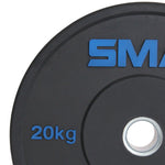 A close-up of a SMAI HD Bumper Plate (Pair) - 20kg in black, crafted from high-density rubber, features blue "20kg" text and a metal center—perfect for barbell use in any home gym.