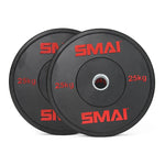 Two HD Bumper Plates from the 170kg set, each weighing 25kg, feature red "Sale Item" branding. These black plates have a silver metal center designed for barbell compatibility, making them ideal for Olympic lifting or CrossFit workouts. The plates are shown upright, leaning against each other.